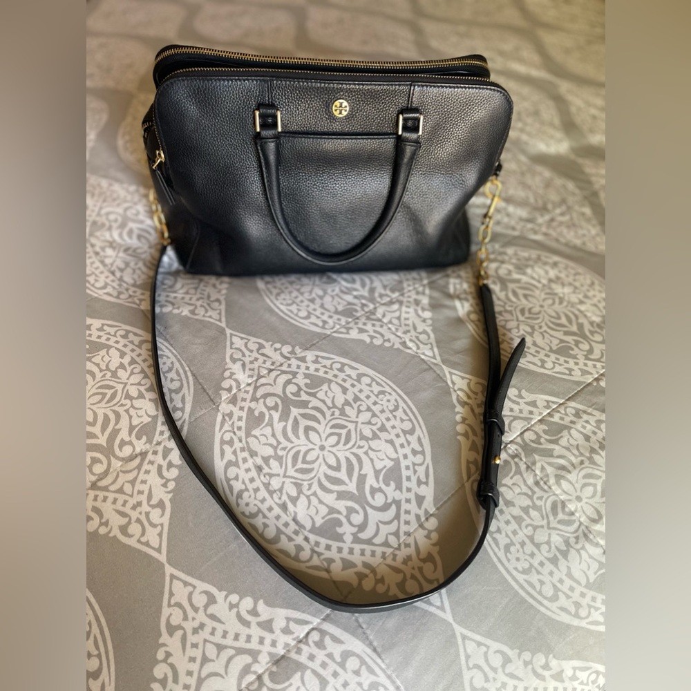 TORY BURCH- Black Pebbled Leather Satchell Purse